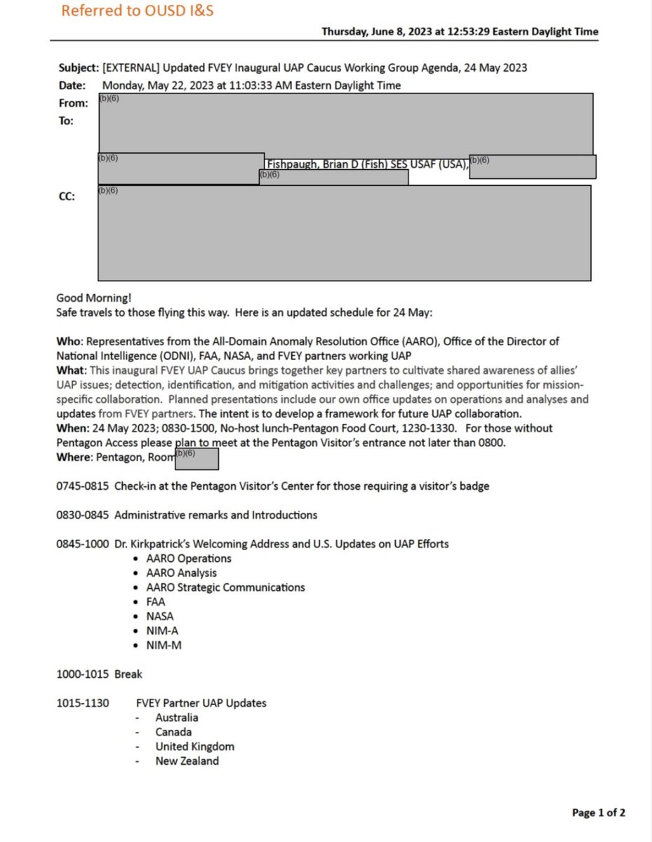 GrantLavac's tweet image. 🚨 BREAKING FOIA RELEASE 🚨
AARO’s Five Eyes forum on UAP that was led by former AARO Director, Dr. Sean Kirkpatrick in May 2023 was officially called the “FVEY Inaugural UAP Caucus Working Group”.

Today I received a copy of the meeting agenda through FOIA.

The inaugural…