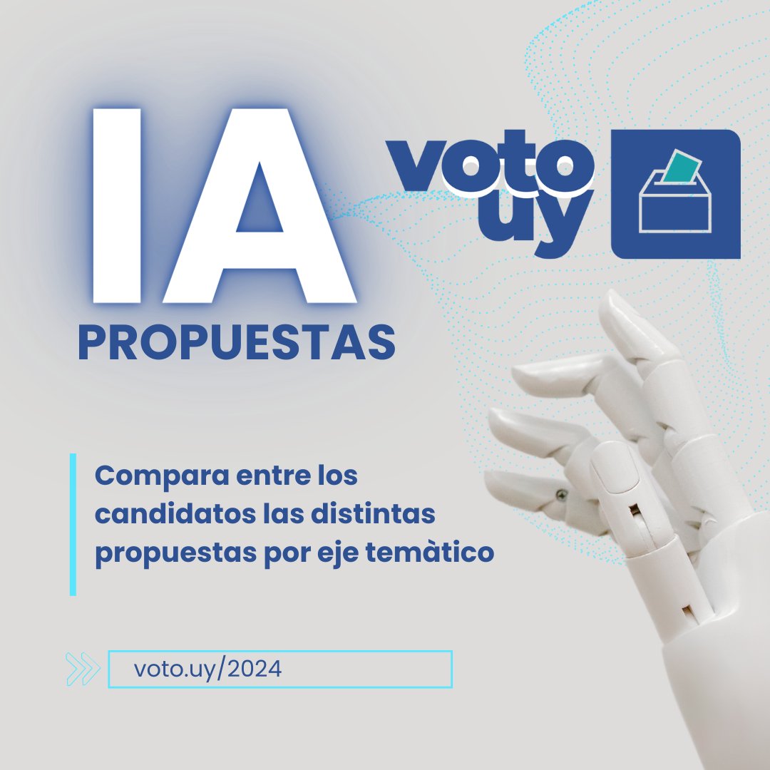 Con gran alegría les presentamos las nuevas herramientas #votouyIA. Nos permitirá hablar de propuestas comparandolas entre los candidatos que deseas, asociando similitudes y diferencias. Hablemos con propuestas. Disponible #seguridad
👉voto.uy/2024