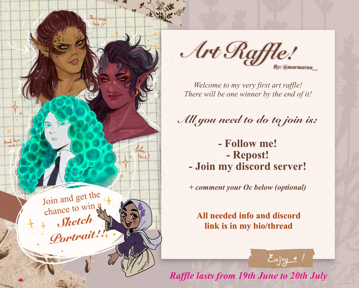 It’s finally ART RAFFLE TIME!!! ✨✨✨✨

So I’m giving you the chance to win a SKETCH PORTRAIT!!
#artraffle 

To join all you have to do is:
⚜️Follow me!
⚜️Repost this!
⚜️ join my discord! 
(+ Optional: comment pics of your oc below !)

RAFFLE ENDS JULY 20TH!! (Pls check 🧵)