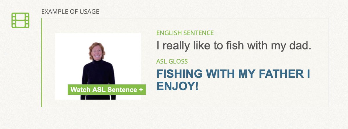 Today’s example #ASL gloss is an example of using the sign of the day (FISH) in context. See it signed at signingsavvy.com/sotd

English Sentence: I really like to fish with my dad.
ASL Gloss: FISHING WITH MY FATHER I ENJOY!