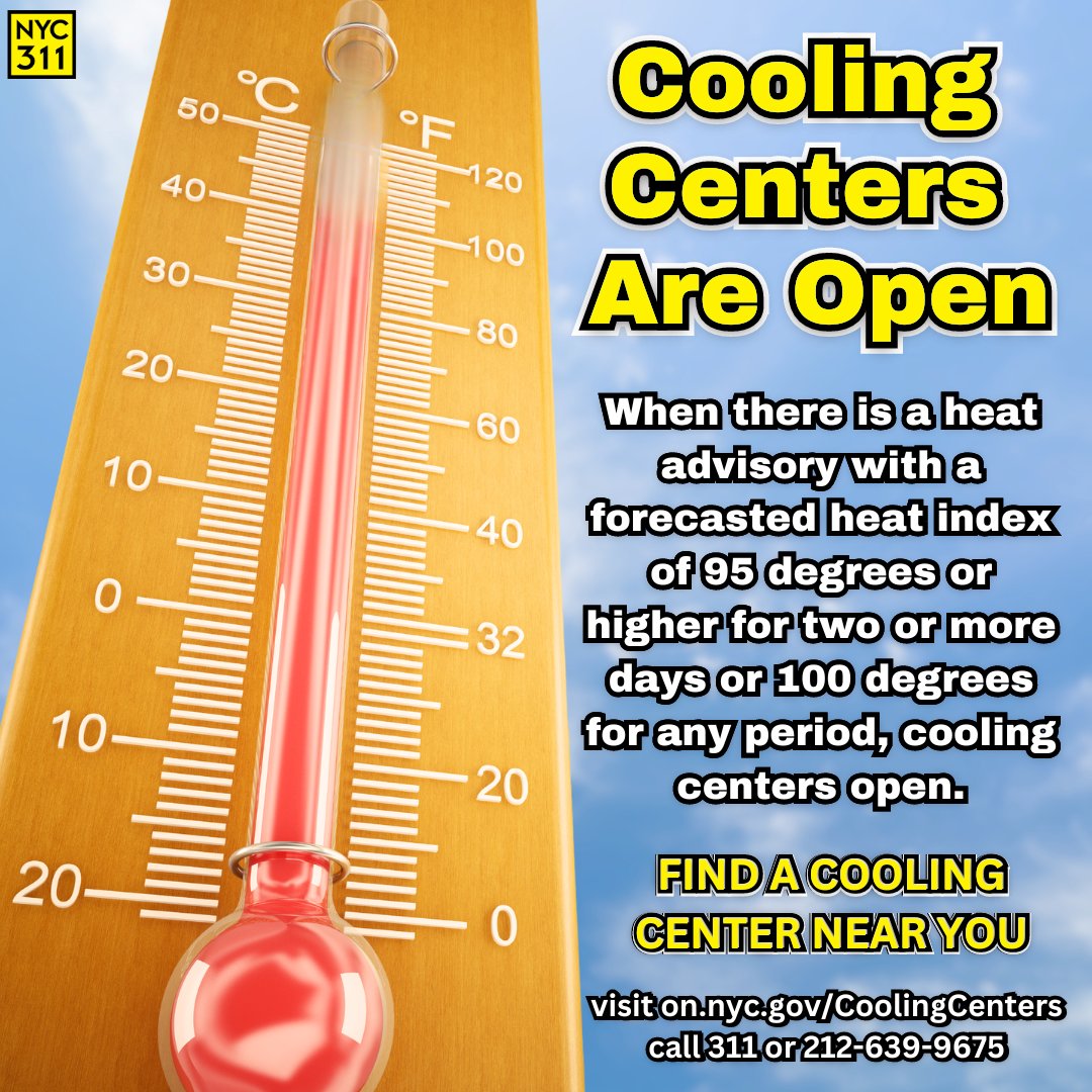 Due to expected high temperatures and high heat indices, NYC cooling centers will be open today, Tuesday, June 18 through Thursday, June 20.

Call centers directly to confirm hours &amp; for more information.

Find one near you: on.nyc.gov/CoolingCenters.