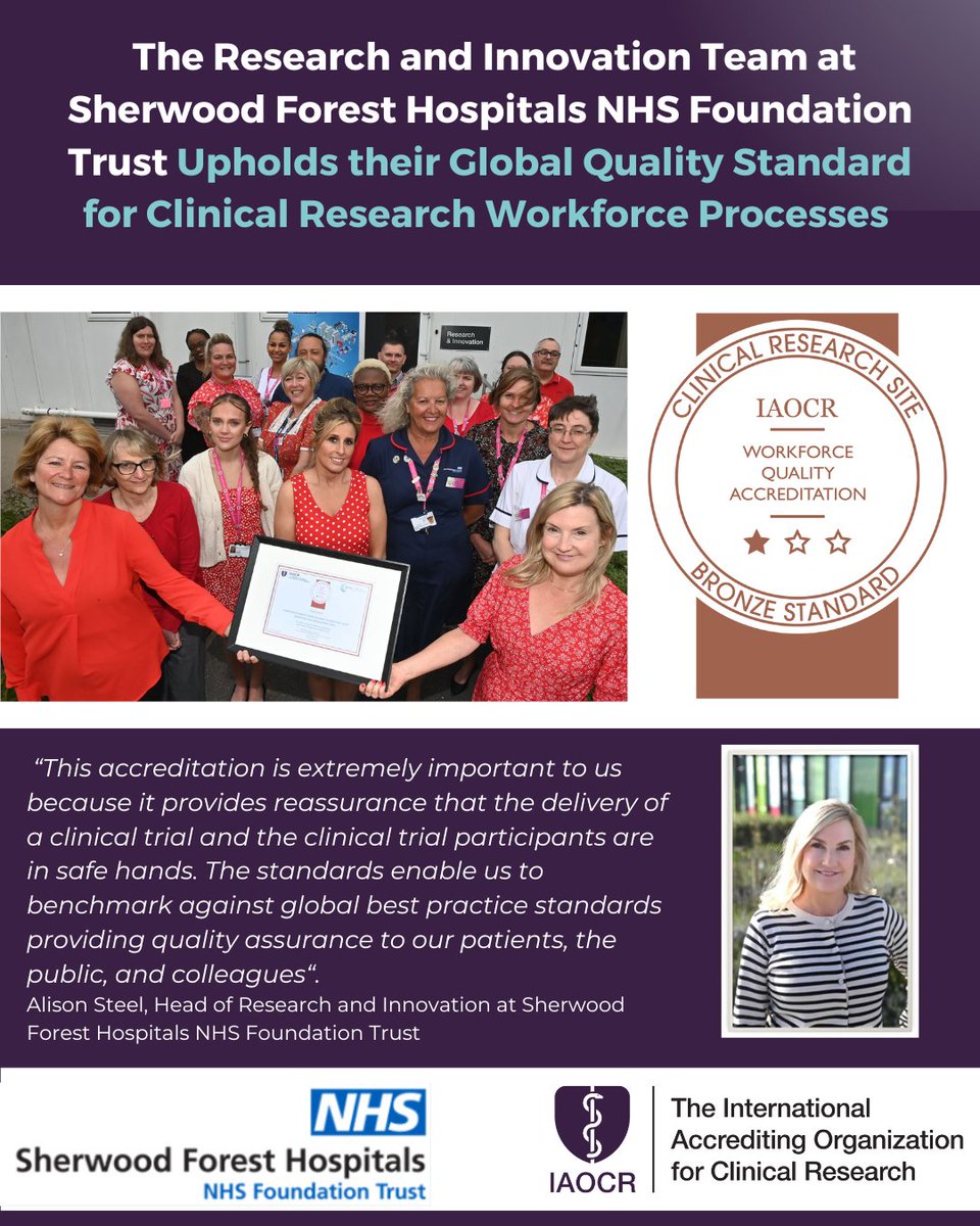 Congratulations to the <a href="/SFHFT/">Sherwood Forest Hospitals NHS FT</a> R&amp;I Team for achieving Bronze re-certification in IAOCR Workforce Quality Accreditation. Demonstrating 12-months on they offer a ‘workforce of excellence’ and true commitment to delivering high-quality research clinical. #clinicalresearch