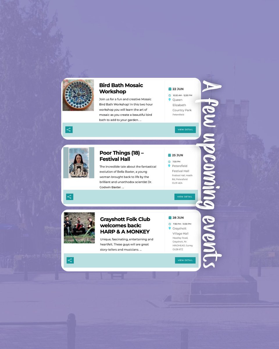 Here are a few of Visit Petersfield's Event picks of the month. Our "What's On" page is filled with brilliant events happening in and around Petersfield. Make sure you submit yours so people can check it out too!

visitpetersfield.co.uk/whats-on/