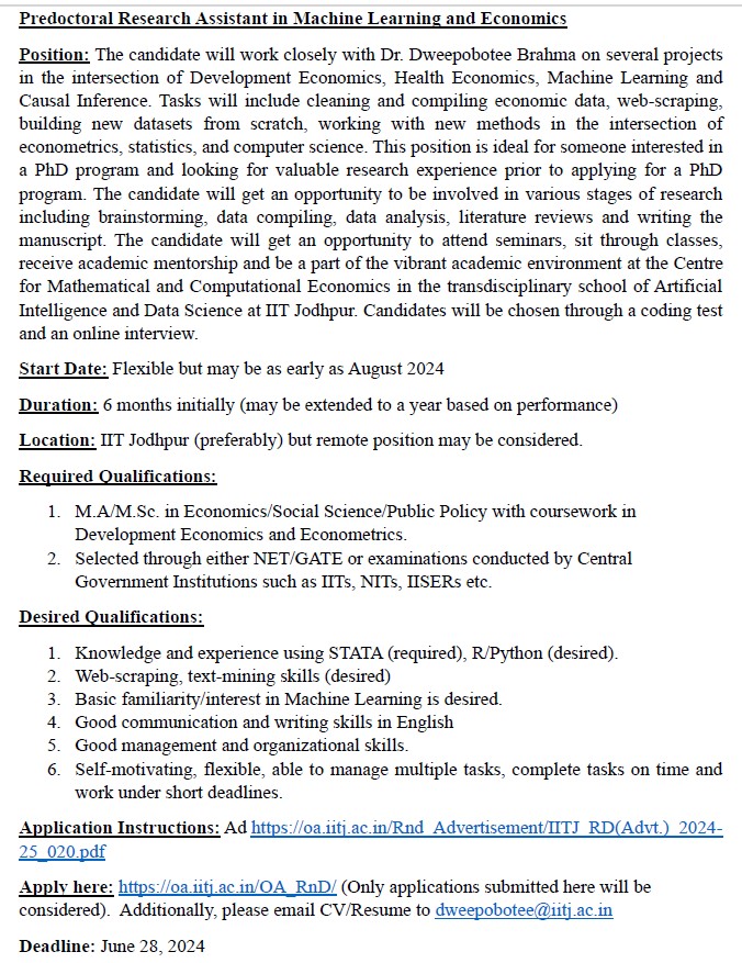 🚨Hiring Alert!🚨
I am looking to hire a short-term RA to work with me in the intersection of Machine Learning and Econometrics. Ideal for someone looking for valuable research experience prior to going for a PhD.
Ad: oa.iitj.ac.in/Rnd_Advertisem…
Apply: oa.iitj.ac.in/OA_RnD/
