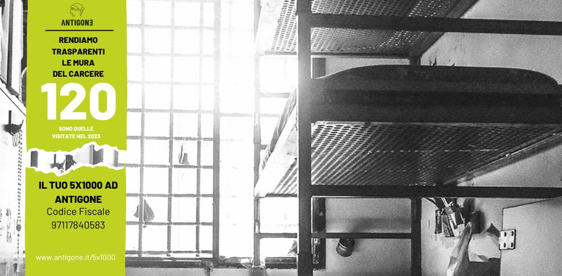 Tutte le nostre attività sono rese possibili anche dal tuo sostegno. 
Destina il tuo #5x1000 ad Antigone e aiutaci a rendere più trasparenti quelle mura: antigone.it/5x1000