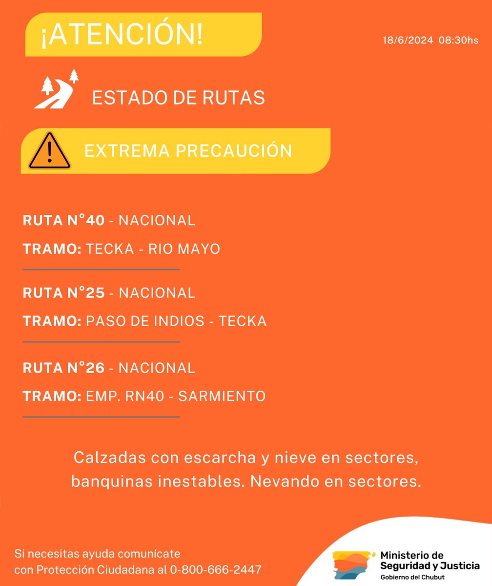 ⚠️ INFORMACIÓN IMPORTANTE ⚠️

❗ La Subsecretaría de Protección Ciudadana dependiente del Ministerio de Seguridad y Justicia, informa que se encuentran transitable con EXTREMA PRECAUCION las siguientes rutas nacionales
