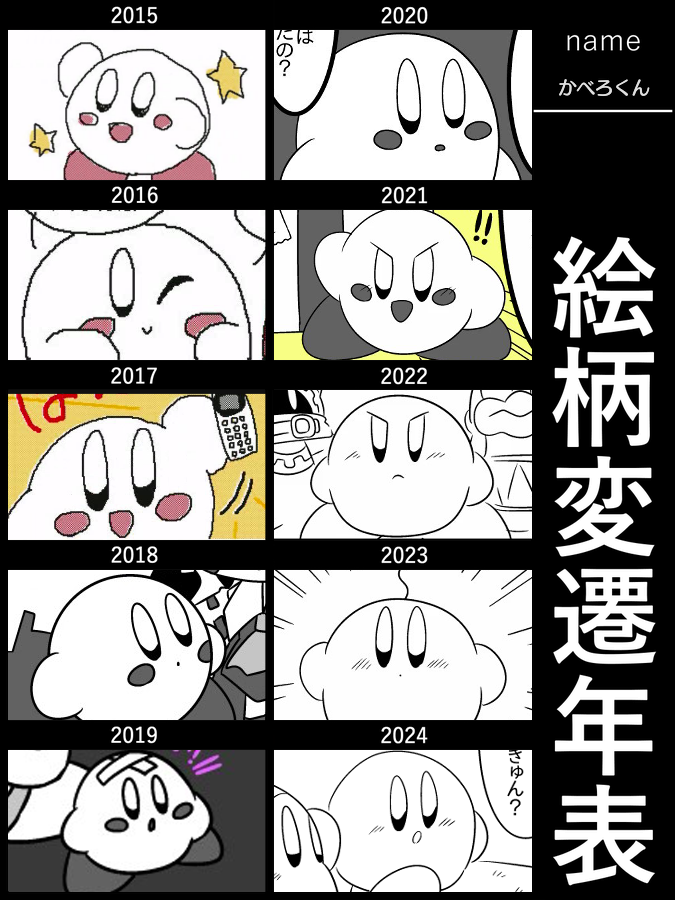 #絵柄変遷年表
目の大きさやほっぺの描き方は変われど、ハイライトがやたら大きいのは昔から一貫しております!
#星のカービィ