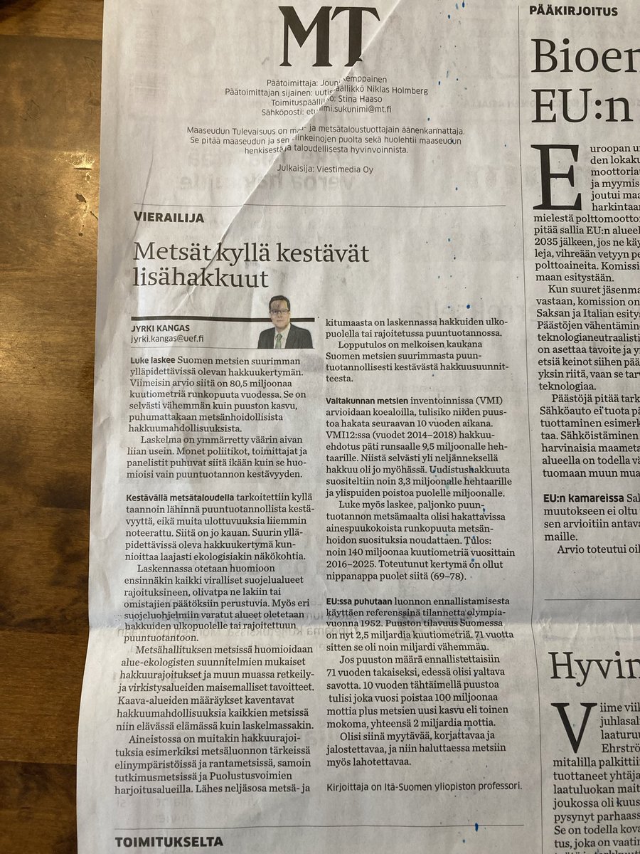 Suomen <a href="/Ilmastopaneeli1/">Suomen ilmastopaneeli</a> väittää: ”Hakkuut ovat viime aikoina kasvaneet puuntuotannollisen kestävyyden tason yli monin paikoin Etelä- ja Keski-Suomessa”. Olisi jo aika ymmärtää, että Luken laskema suurin ylläpidettävä hakkuukertymä huomioi paljon muutakin kuin vain puuntuotannon?