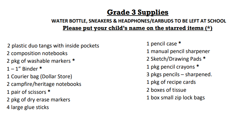 Supply lists for grades K, 1, 2, 3. 

Please note: A $15.00 Student Fee is mandatory for ALL Students payable online at  asd-s.schoolcashonline.com &amp; available for payment starting in September.