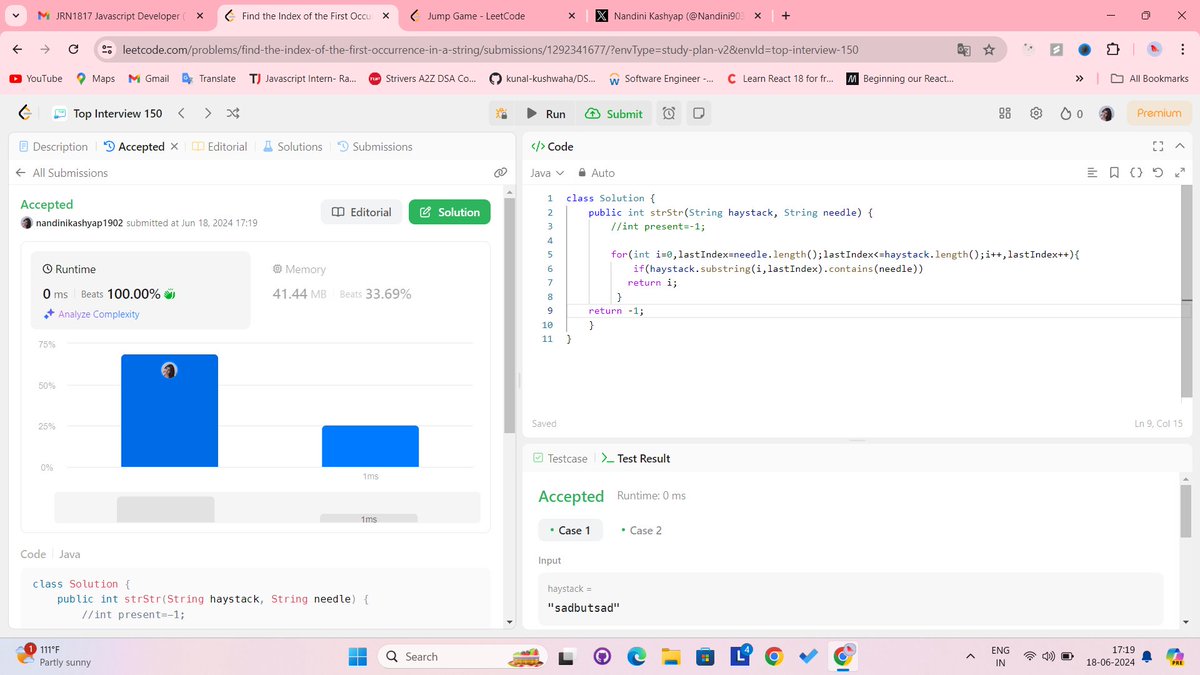 Nandini90386532's tweet photo. Hi all! it is day 13 of #30daysofleetcode #30daysofdsa
today I solved the Find the Index of the First Occurrence in a String in leetcode.
#connect #problemsolving #logicbuilding #dsa #leetcode https://t.co/c5jknoXljG
