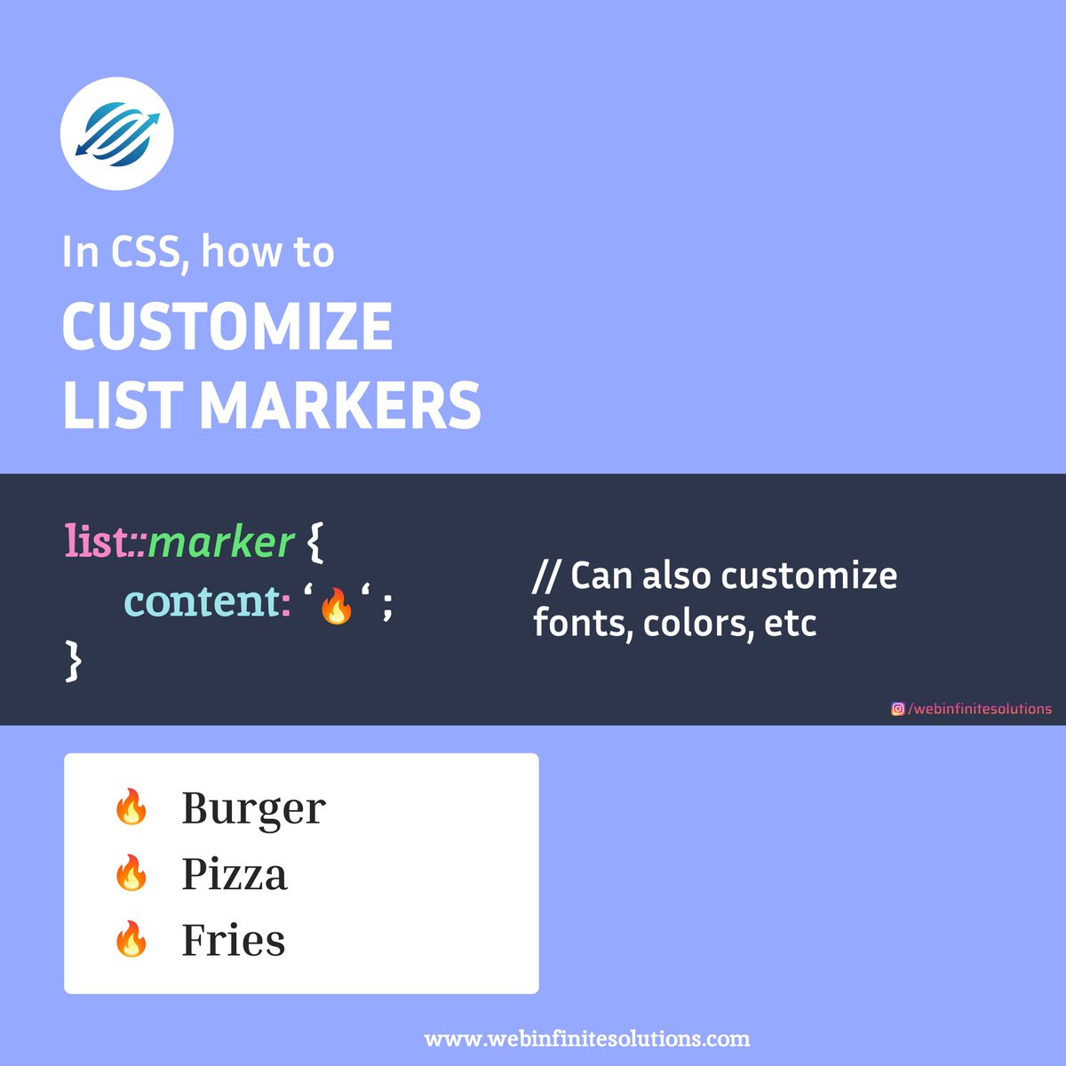 WebInfiSol's tweet image. 🎨✨ Want to make your lists stand out? Learn how to customize list markers in CSS! From classic bullets to unique icons, transform your lists with a touch of creativity. 🚀💻 #WebDesign #CSSMagic #CodingTips