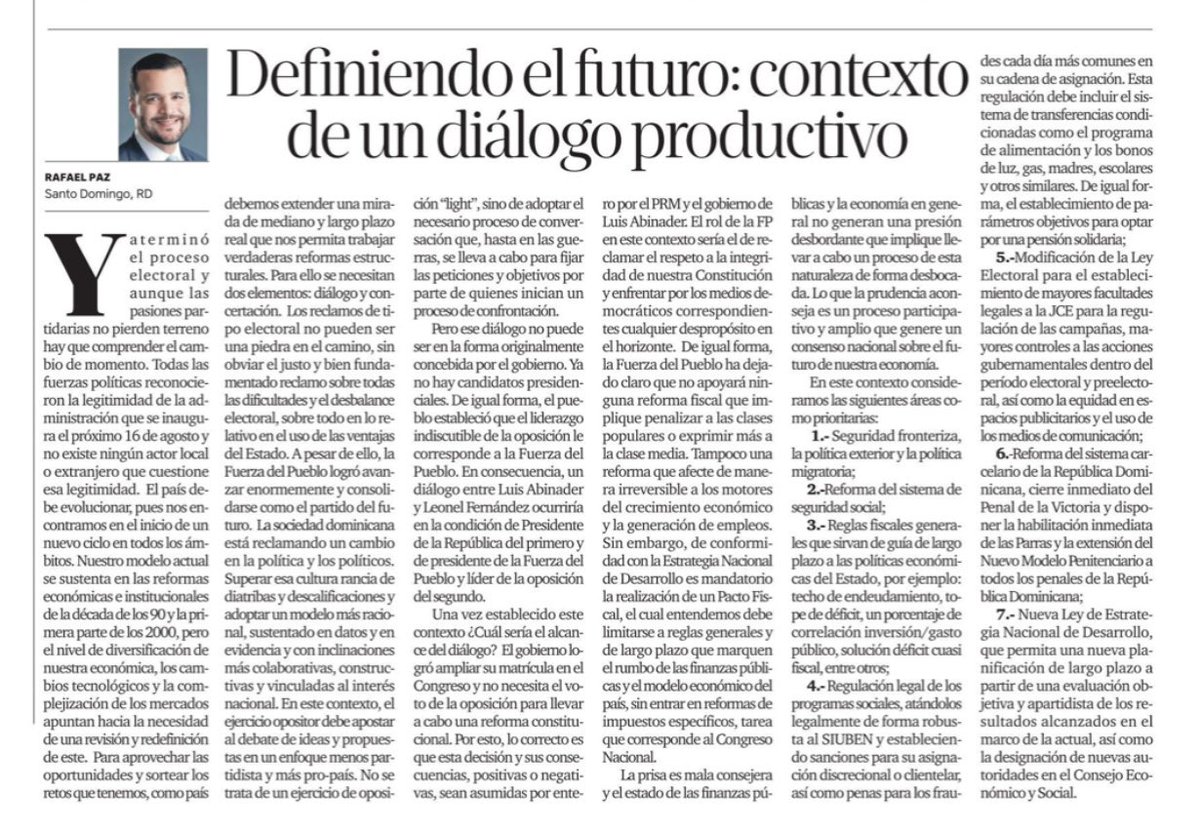 rafaelpazRD's tweet photo. ¡Buenos y santos días! 

Les comparto mi artículo de hoy en el @ListinDiario: “Definiendo el Futuro: Contexto de un diálogo productivo” 

https://t.co/JoQjQqAJMc https://t.co/LwGvRkfMfi