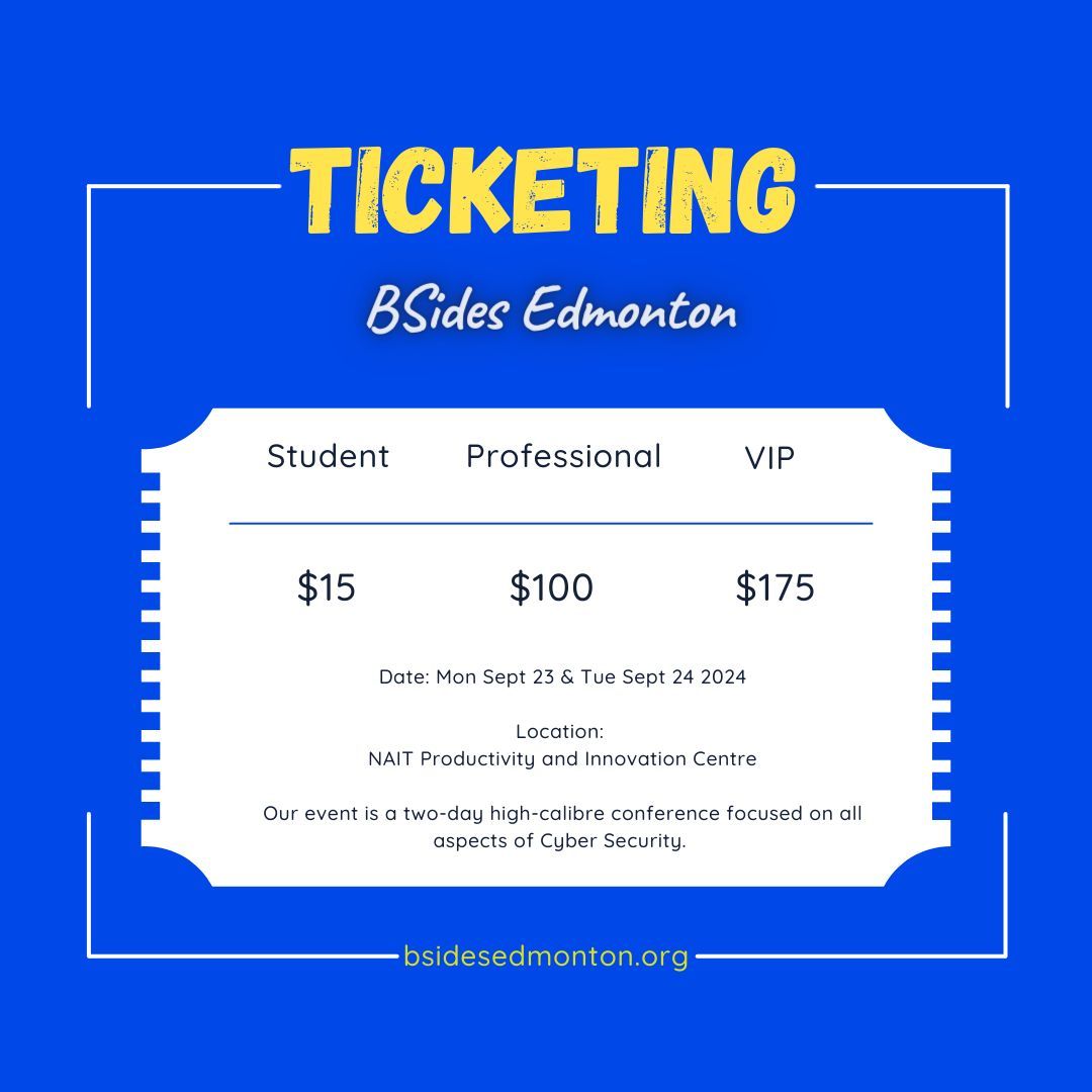 bsidesedmonton's tweet image. Join us at the BSides Edmonton conference on September 23-24, 2024, at NAIT Productivity and Innovation Centre. Get your tickets now at buff.ly/44QQtBe. #Cybersecurity #AlbertaTech