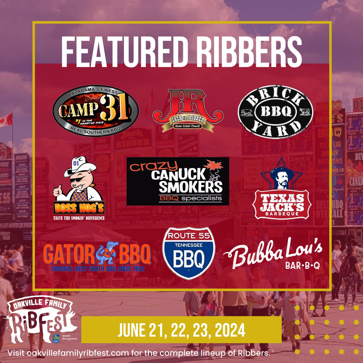 Who's getting excited for all the ribs you can eat? 😋 Here's a recap of all the ribbers that will be out this weekend 🍖

There are also other food options from other food vendors, including vegetarian and halal options, drinks and sweets! 🤤

Learn more: oakvillefamilyribfest.com