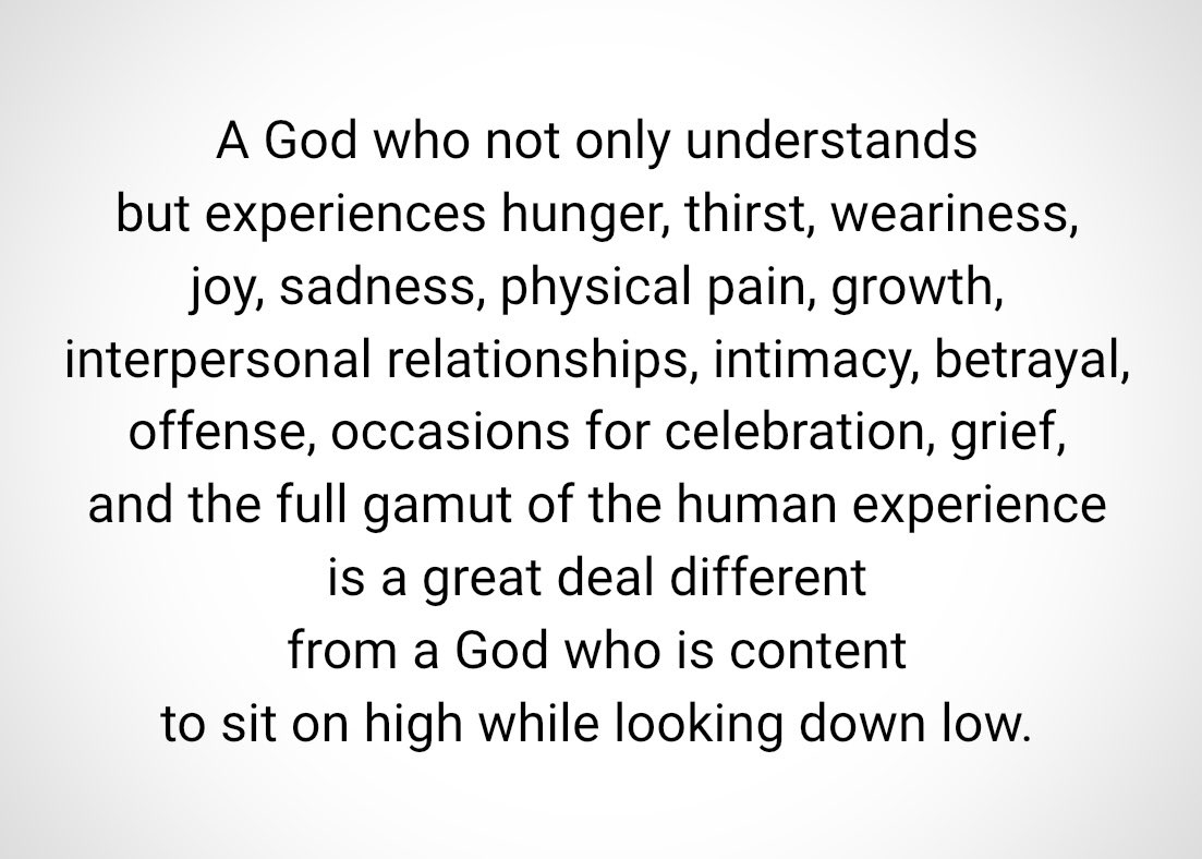 TimAAmor's tweet photo. “Situating God in the human experience is fertile ground for theologizin’…

In the incarnation, we are confronted with a bizarre proposition. The God that existed before the beginning of time chose to walk among the people as one of their own.”

—@PastorTrey05 https://t.co/7xngL5rHnP