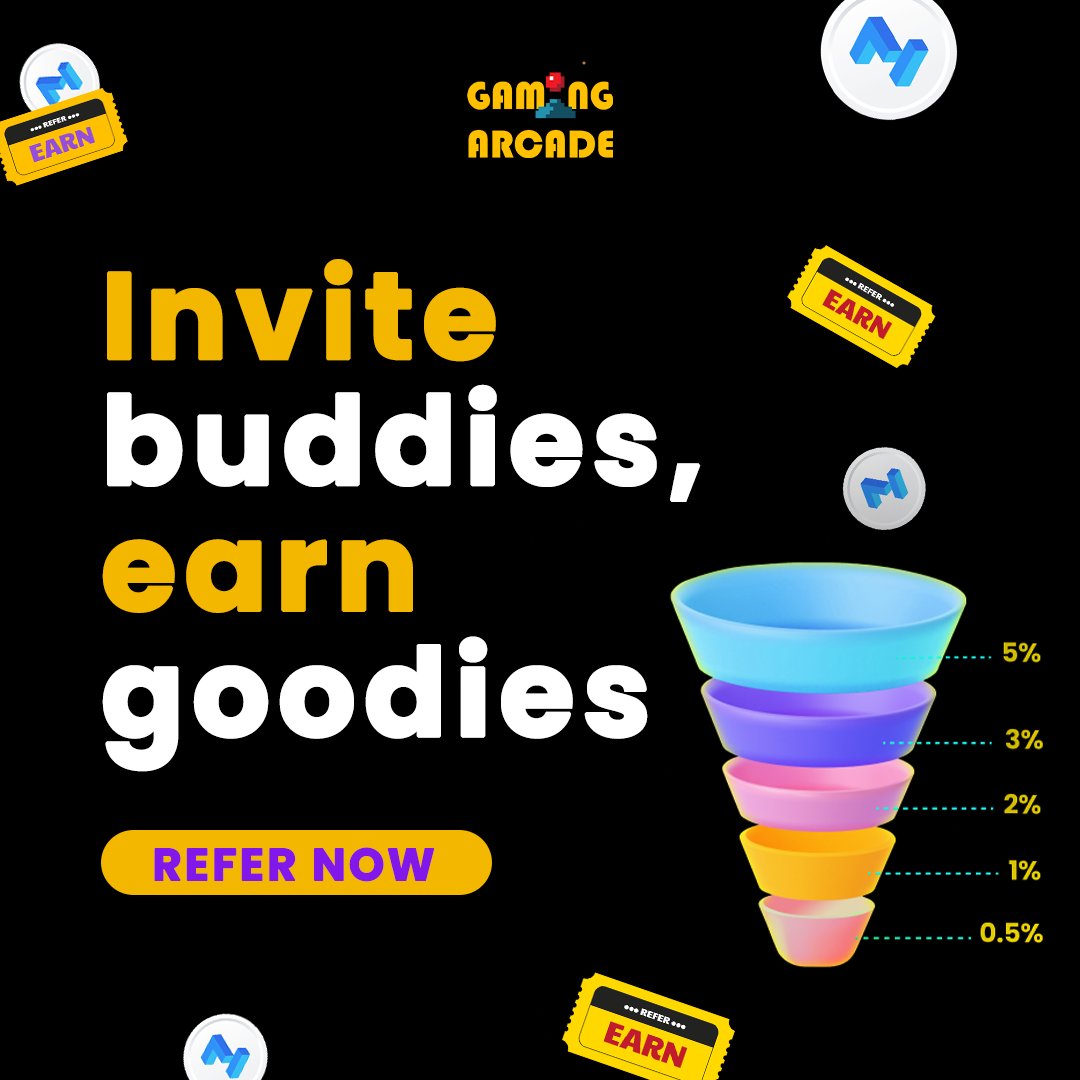 Invite friends to GamingArcade.io and earn up to 5% in rewards! 🤑🎮  

The more you refer, the more you earn with multiple stages. 📈✨  

Plus, join our daily tournaments to win 50 $MATIC daily! 🏆💰 

🔗gamingarcade.io/tournament?utm… 

#InviteAndEarn #GamingArcade