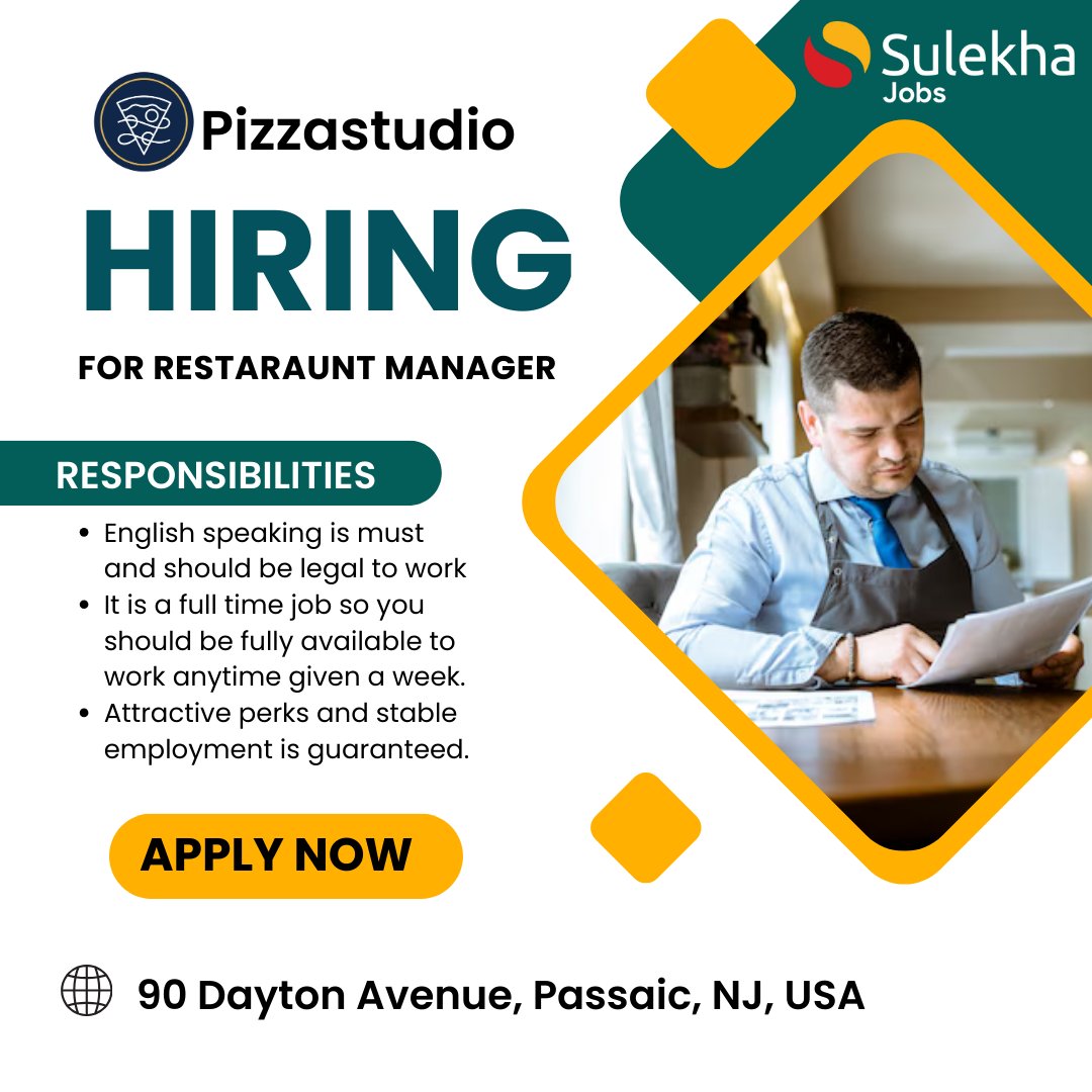 Sulekha_US's tweet image. Now Hiring Pizza Makers &amp;amp; Shift Leads in Jersey City/Passaic!

Apply now: shorturl.at/4itCL

#Hiring #PizzaMakers #ShiftLead #JerseyCityJobs #PassaicJobs #JoinOurTeam #FullTimeJobs #PizzaLovers #JobOpening #NowHiring