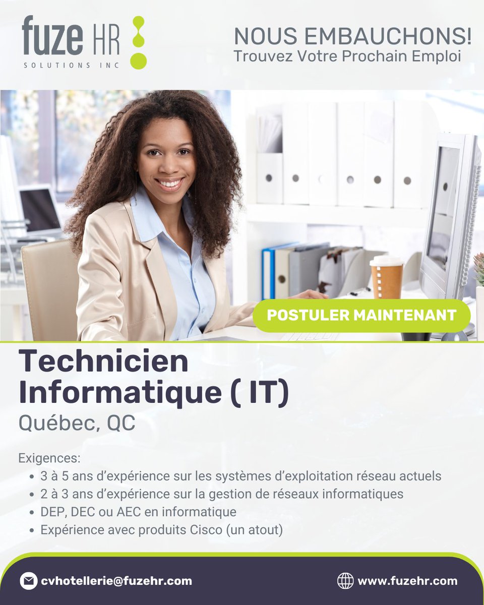 FuzeHR's tweet image. Nous recrutons un technicien Informatique pour un hôtel luxueux à Québec, QC.

Apprenez en plus ici : ow.ly/YtYV50Sko8Y

#TechnicienInformatique #ITJobs #QuebecCity #Quebec #QC #JobOpportunity #ApplyNow #Emploi #Carriere #Recrutement #Recruitment #Staffing #Agency