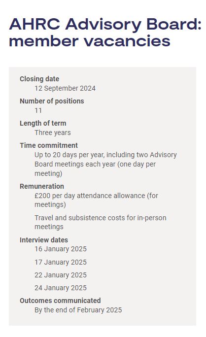 We’re inviting applications from across the arts and humanities communities, disciplines and sectors to join our Advisory Board. 

There are 11 member vacancies for the AHRC Advisory Board, covering a three year term length.

Apply by 12 September.

orlo.uk/Lx5DW