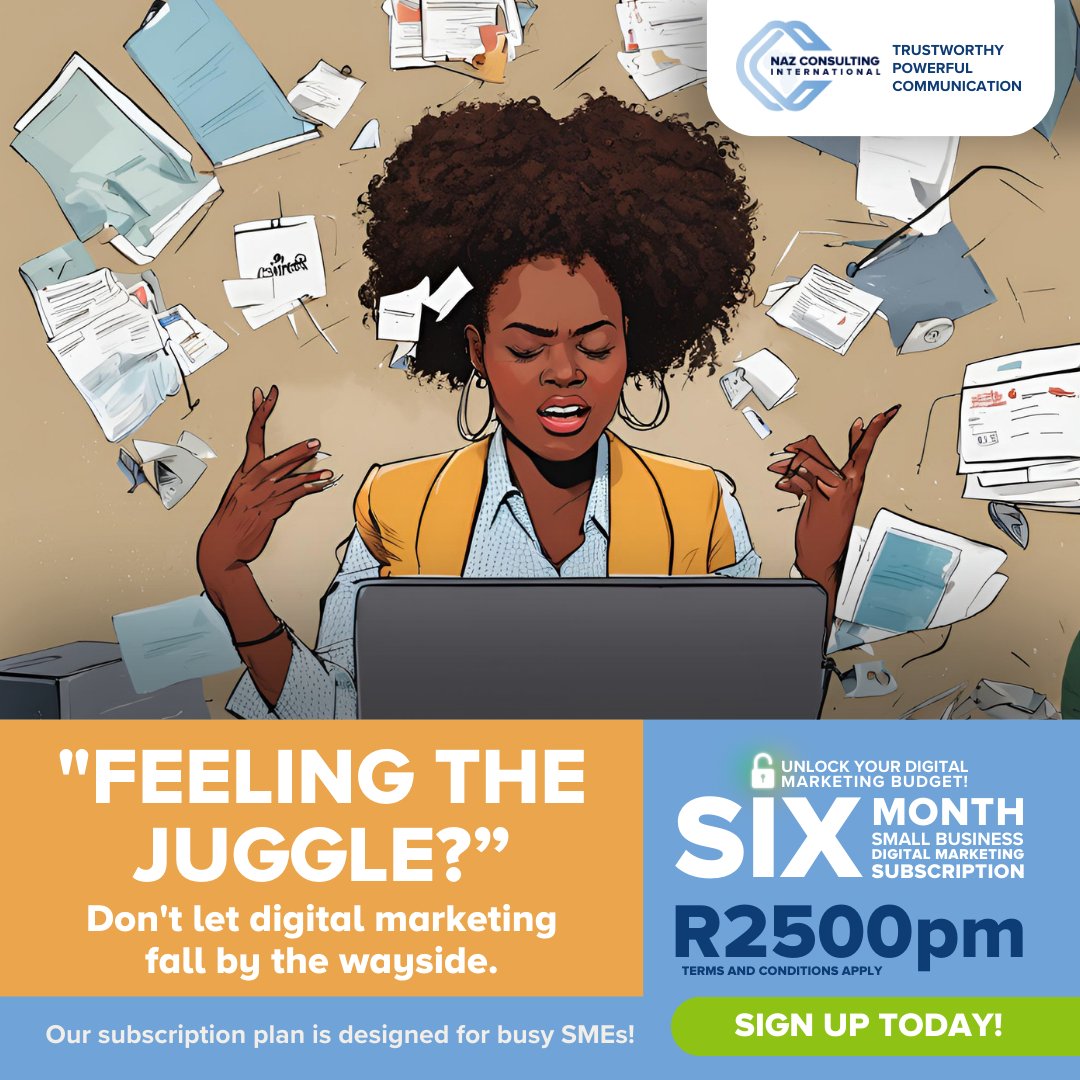 𝐅𝐞𝐞𝐥𝐢𝐧𝐠 𝐥𝐢𝐤𝐞 𝐚 𝐨𝐧𝐞-𝐩𝐞𝐫𝐬𝐨𝐧 𝐜𝐢𝐫𝐜𝐮𝐬 𝐭𝐫𝐲𝐢𝐧𝐠 𝐭𝐨 𝐫𝐮𝐧 𝐲𝐨𝐮𝐫 𝐒𝐌𝐄?  Let Naz Consulting take care of your digital marketing so you can focus on what you do best - running your amazing business! Sign up here:nazconsulting.co.za/our-subscripti… 

#SMEStruggles