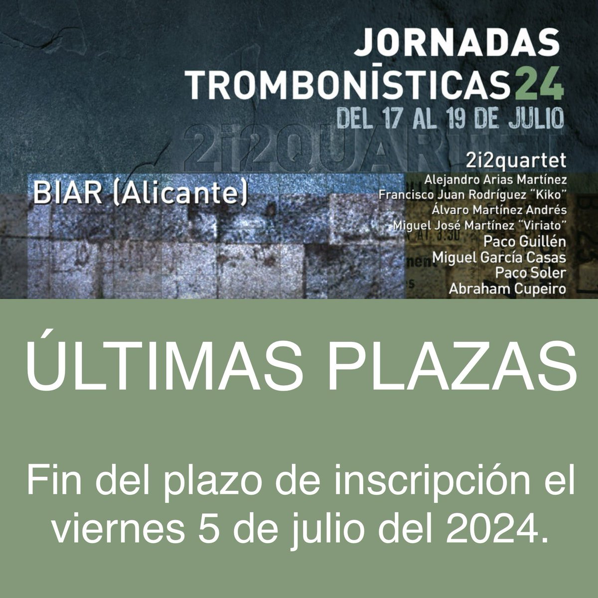 ¡¡Últimas plazas!! Inscripciones hasta el viernes 5 de julio en 2i2quartet.com/jornadas-tromb…
<a href="/StomviOfficial/">Stomvi</a> <a href="/upsoundexp/">UpSound</a> <a href="/innovatrombone/">Innovatrombone</a> <a href="/atetrombonistas/">ATE</a> 
#25aniversario2i2quartet #trombon #trombone #basstrombone #trombonbajo #trombonequartet #jazztrombone #jazz