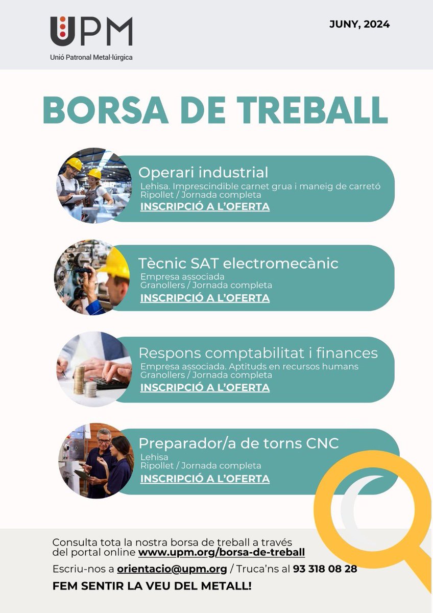Noves ofertes laborals que et proporcionem des del nostre servei de la Borsa de Treball de la Unió Patronal Metal·lúrgica! Entra a ofertes en actiu dins la nostra web. upm.org/borsa-de-treba…
