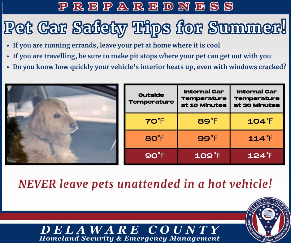 DelCoEMA's tweet photo. Good morning, Delaware County. Not much change in the forecast - it's going to be HOT - and that goes for our furry friends too! Cracking windows has little effect on how fast your car heats up.#clickthepic #beattheheatohio #nationalpetpreparednessmonth https://t.co/UBNhpzolWM https://t.co/p9OJc2R4ks