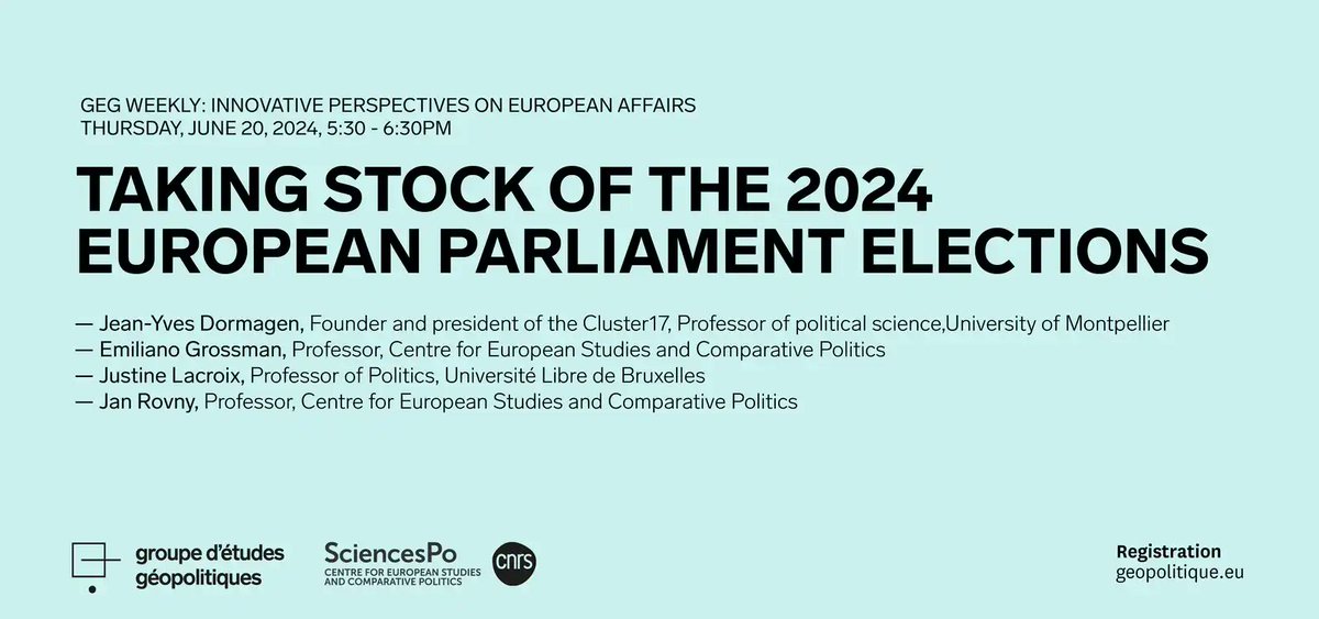 CEE, Sciences Po/CNRS (@sciencespo_cee) on Twitter photo 📢Coming up in 2 days: last session of the year w/ <a href="/GEG_org/">GEG</a>
10 days after the #EuropeanElections, <a href="/jydormagen/">Jean-Yves Dormagen</a>,
<a href="/e_grossman_fr/">Emiliano Grossman @egrossman.bsky.social</a>, Justine Lacroix and <a href="/JanRovny/">Jan Rovny</a>
will discuss the new political balance in the 🇪🇺and its implications.
Register to join on Zoom us06web.zoom.us/webinar/regist… 📢Coming up in 2 days: last session of the year w/ <a href="/GEG_org/">GEG</a>
10 days after the #EuropeanElections, <a href="/jydormagen/">Jean-Yves Dormagen</a>,
<a href="/e_grossman_fr/">Emiliano Grossman @egrossman.bsky.social</a>, Justine Lacroix and <a href="/JanRovny/">Jan Rovny</a>
will discuss the new political balance in the 🇪🇺and its implications.
Register to join on Zoom us06web.zoom.us/webinar/regist…