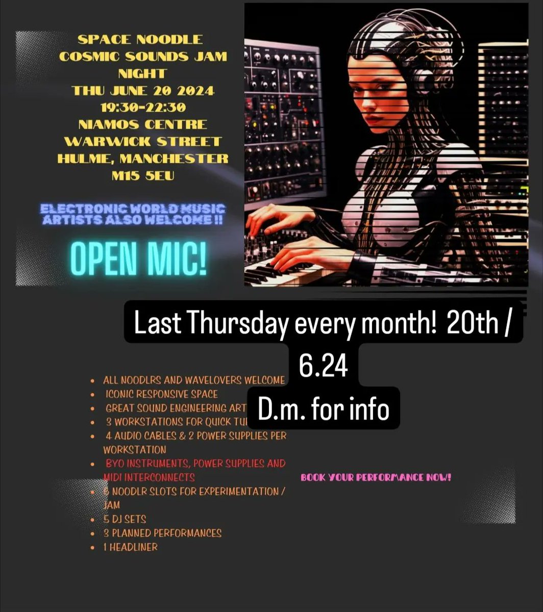 Massive Badgers (@massbadgers) on Twitter photo Come to Space noodle open mic music night at Niamos Centre ( formerly Hulme Hippodrome )
Last Thursday every month
Open mic night 7:30-10
20/6/24
#savethedate
<a href="/niamos/">Vincent Niamos</a> #hulme #manchester
#electronicmusic #synthesizer #openmic #musician #manchestermusician
#retweet pls Come to Space noodle open mic music night at Niamos Centre ( formerly Hulme Hippodrome )
Last Thursday every month
Open mic night 7:30-10
20/6/24
#savethedate
<a href="/niamos/">Vincent Niamos</a> #hulme #manchester
#electronicmusic #synthesizer #openmic #musician #manchestermusician
#retweet pls
