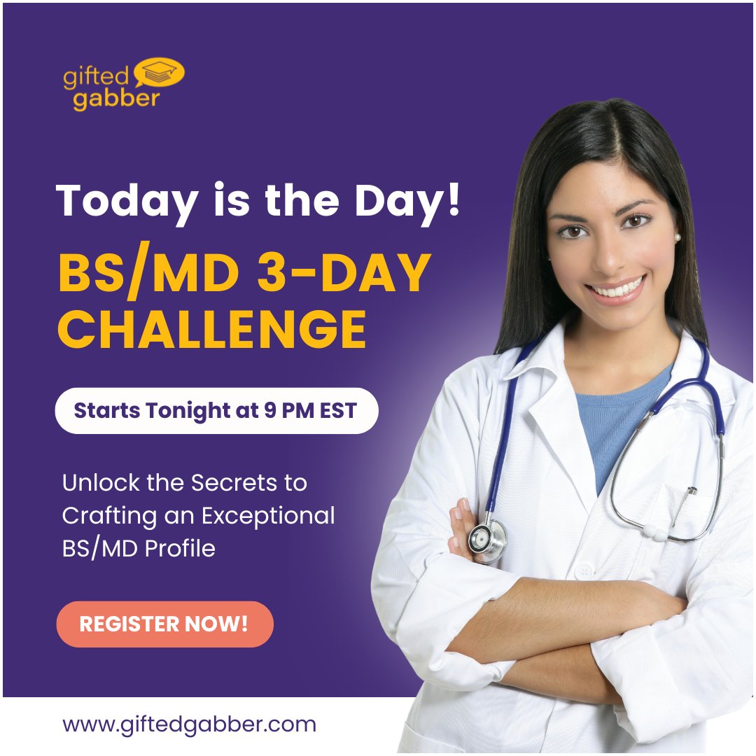 JothsnaKethar's tweet image. 𝐓𝐨𝐝𝐚𝐲 𝐢𝐬 𝐭𝐡𝐞 𝐃𝐚𝐲!🌟

Our BS/MD 3-day challenge kicks off tonight at 9 PM EST! Join us on this transformative journey to unlock the secrets of crafting an exceptional BS/MD profile. 

rfr.bz/tlm0sgx

#BSMDChallenge #medicalprogram #giftedgabber