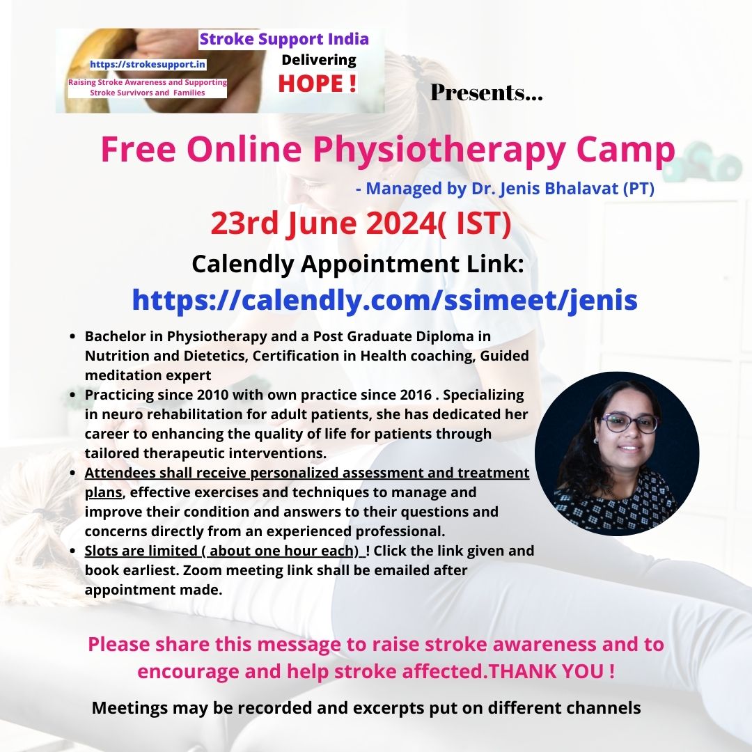 Free Online Physiotherapy Camp: 23rd June 2024
Appointment link :
calendly.com/ssimeet/jenis
Individualized treatment and queries resolution.
Please share with any this may benefit!
#strokesupport
#physiotherapy
#rehabilitation