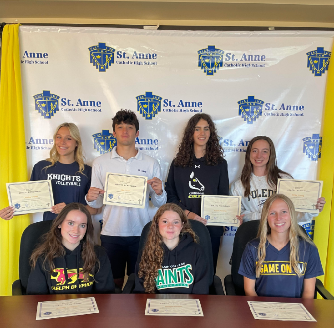 SteAnneCHS's tweet photo. Congrats to our student-athletes as they continue to explore their talents at various colleges and universities. Left to right Charlize Trudell, Jake Scott, Kristin Recchia, Emily Young, Isabella Trepanier, Natalie Kersey, Lia Acanne (missing - Matthew Chimienti &amp;Jackson Colaner) https://t.co/cM0Oh6p5C7