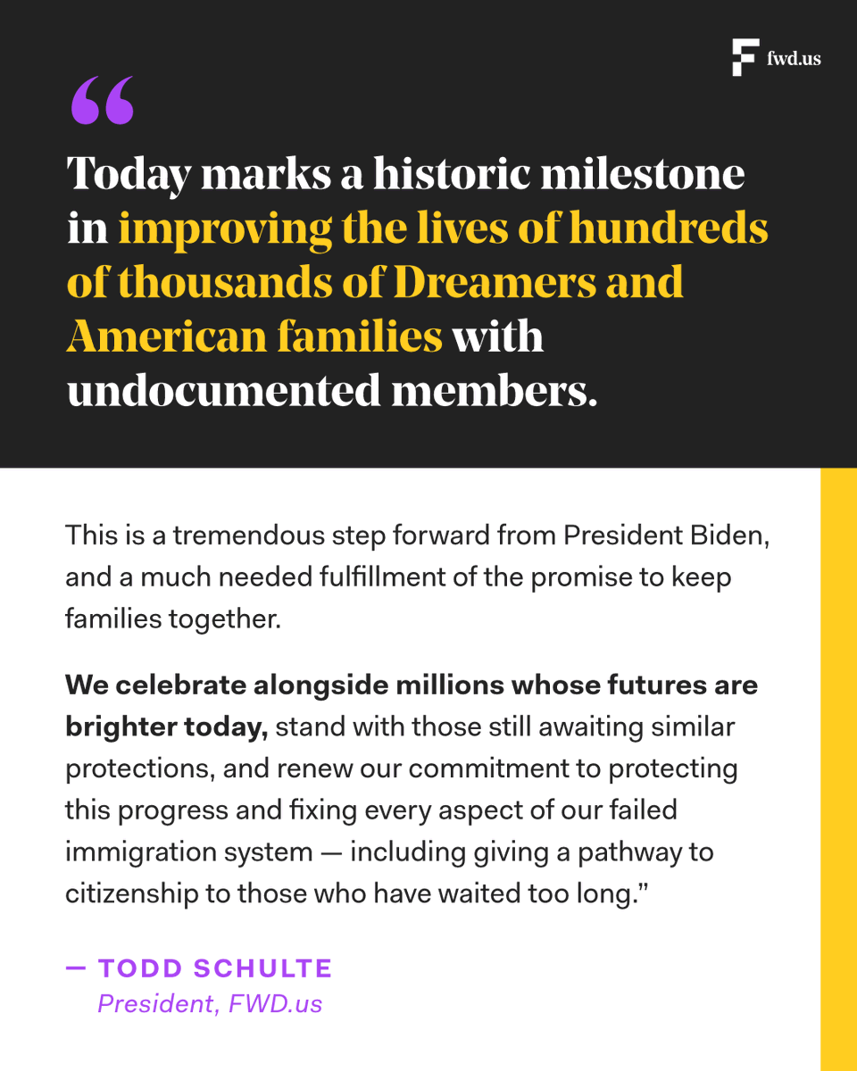FWDus's tweet photo. "We celebrate alongside millions whose futures are brighter today, stand with those waiting for similar protections, and renew our commitment to protecting this progress and fixing every aspect of our failed immigration system..." — @TheToddSchulte 

#ProtectAmericanFamilies https://t.co/7rU79A9EgR