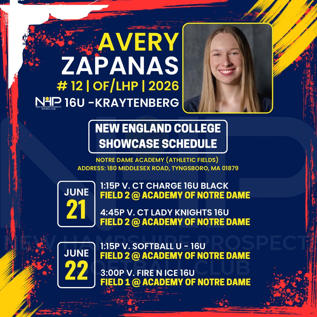 Avery Zapanas (@averyzap2026) on Twitter photo Excited for the upcoming NE College Showcase tournament this weekend for <a href="/NhpSoftball/">NH Prospects Softball Uncommitted</a> <a href="/kraytenberg/">Steve Kraytenberg</a>
Here is my schedule and locations! π₯
<a href="/babsonsoftball/">Babson Softball</a> @CoachJenna_SB <a href="/WPISoftball/">WPI Softball</a> <a href="/BentleyFalcons/">Bentley Athletics</a> <a href="/salve_softball/">Salve Regina Softball</a> <a href="/HCrossSB/">Holy Cross Softball</a> <a href="/WheatonSB/">WheatonSoftball</a> <a href="/WellesleySball/">Wellesley Softball</a> <a href="/EndicottSOFT/">Endicott Softball</a> Excited for the upcoming NE College Showcase tournament this weekend for <a href="/NhpSoftball/">NH Prospects Softball Uncommitted</a> <a href="/kraytenberg/">Steve Kraytenberg</a>
Here is my schedule and locations! π₯
<a href="/babsonsoftball/">Babson Softball</a> @CoachJenna_SB <a href="/WPISoftball/">WPI Softball</a> <a href="/BentleyFalcons/">Bentley Athletics</a> <a href="/salve_softball/">Salve Regina Softball</a> <a href="/HCrossSB/">Holy Cross Softball</a> <a href="/WheatonSB/">WheatonSoftball</a> <a href="/WellesleySball/">Wellesley Softball</a> <a href="/EndicottSOFT/">Endicott Softball</a>