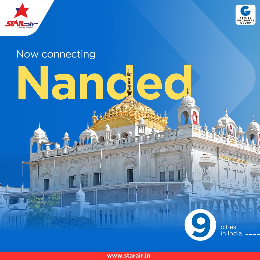 OfficialStarAir's tweet photo. Introducing the newest route connecting Nanded to 9 destinations in India: Pune, Nagpur, Hindon, Hyderabad, Bhuj, Tirupati, Ahmedabad, Adampur &amp; Bengaluru. pack your bags and get ready to explore the diversity of India!
#StarAir #ConnectingRealIndia #Sanjayghodawatgroup https://t.co/WeAU5qxrlV