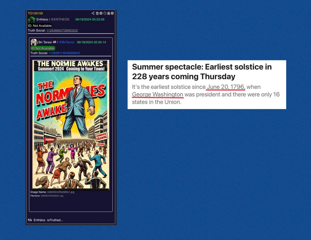 Cowboyw2b2's tweet image. Entheos reTruthed…The Normie Awakes Summer! 2024.
Good news is Summer starts Thursday, June 20th at 4:50 p.m.
Note interesting tie to George Washington.