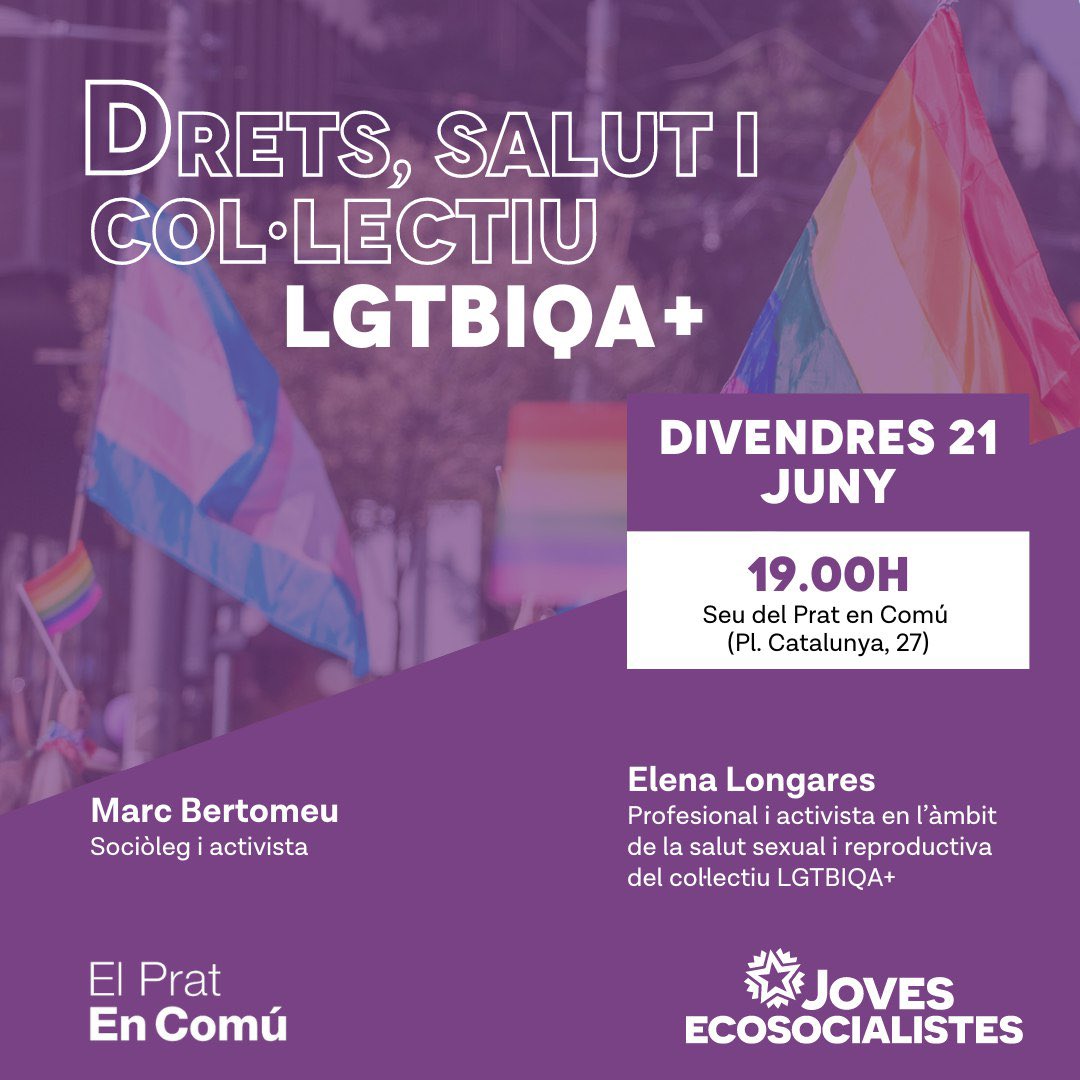 🏳️‍🌈👉Aquest 21 a les 19h, amb motiu de la celebració de l’Orgull, parlarem al Prat de Llobregat de la salut i els drets sexuals del col·lectiu LGTBIQA+, les principals reivindicacions i els recursos a la seva disposició. 

👏Comptarem amb ponents de luxe i un pica-pica!