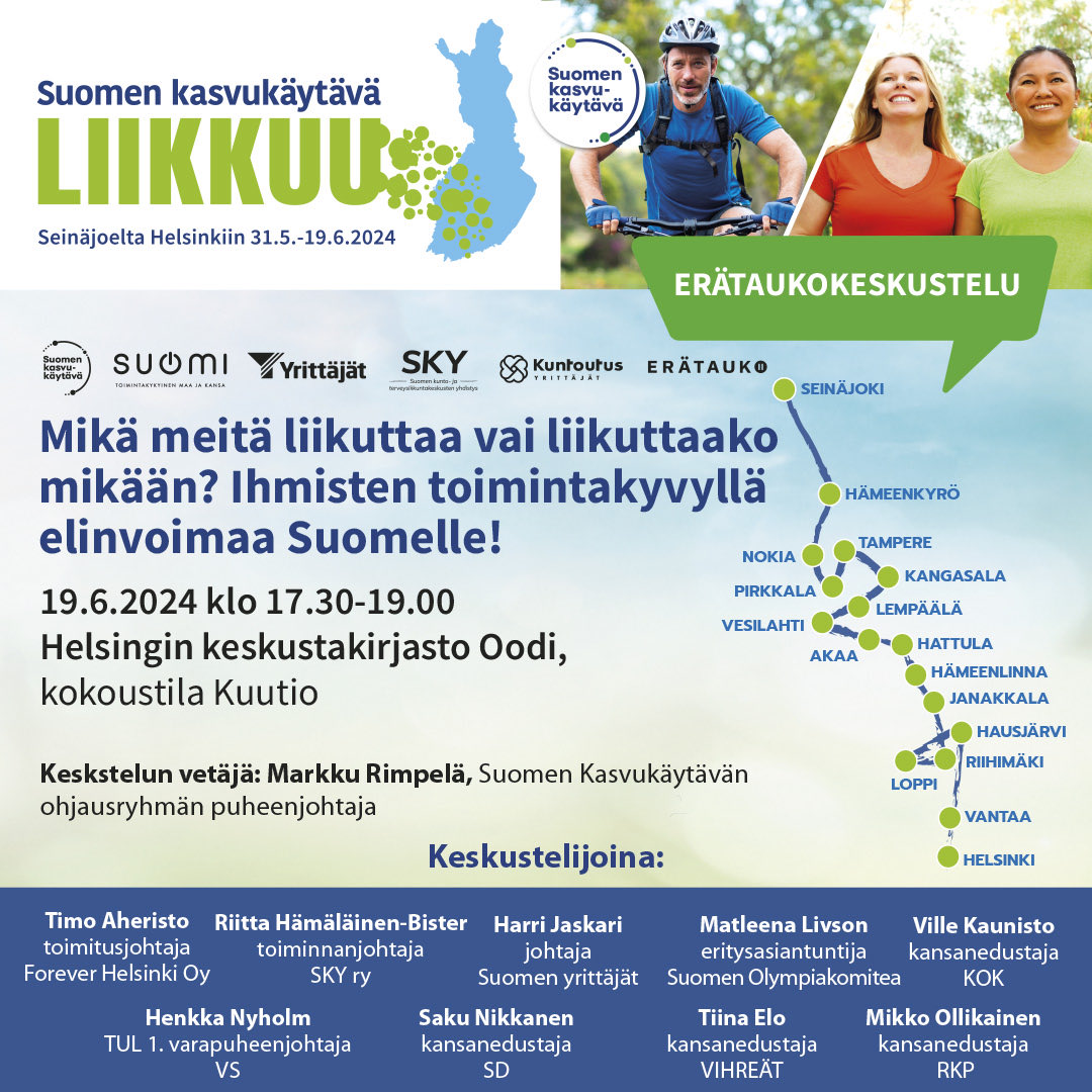 Kaikille avoimessa #erätaukokeskustelu:ssa nostamme esiin #kasvukäytäväliikkuu -tempauksesta kerättyjä viestejä ja etsimme niistä uusia oivalluksia suomalaisten toimintakyvyn vahvistamiseksi liikunnan avulla. Tervetuloa! #LupausSuomellle
