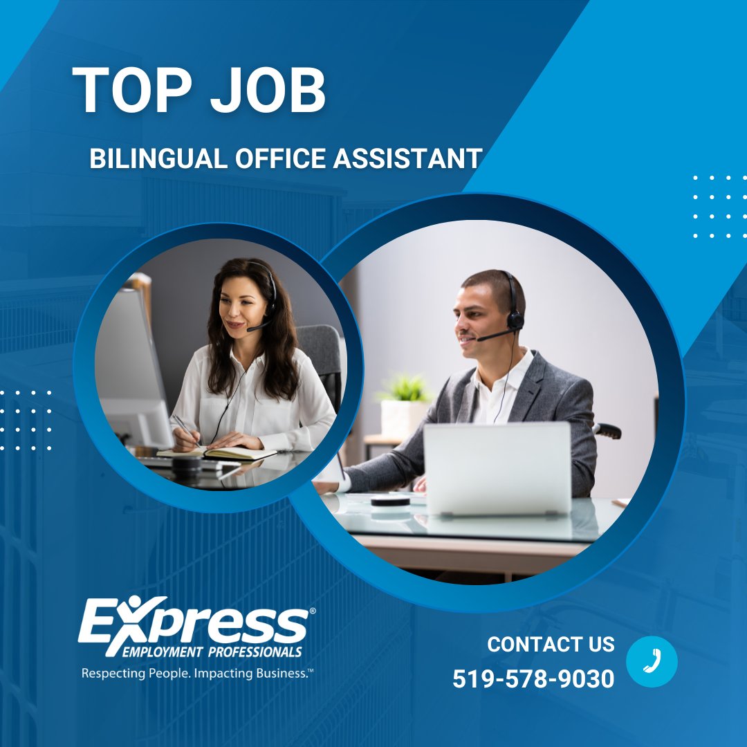 expresskw's tweet image. Ensure the efficient operation of the office as a Bilingual Office Assistant! Pay: $20.50-21/h. Potential for permanent hire. Apply now: jobs.expresspros.com/job/14286043 #KitchenerWaterloo #KWJobs