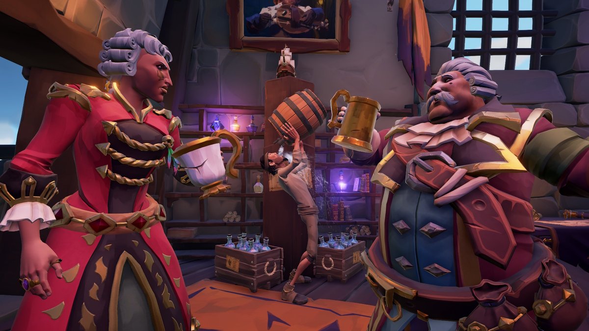 #SoTShot <a href="/SeaOfThieves/">Sea of Thieves</a> Grog Guzzling entry

Aristocrats can enjoy a refreshing grog too- Wait, who invited this guy?