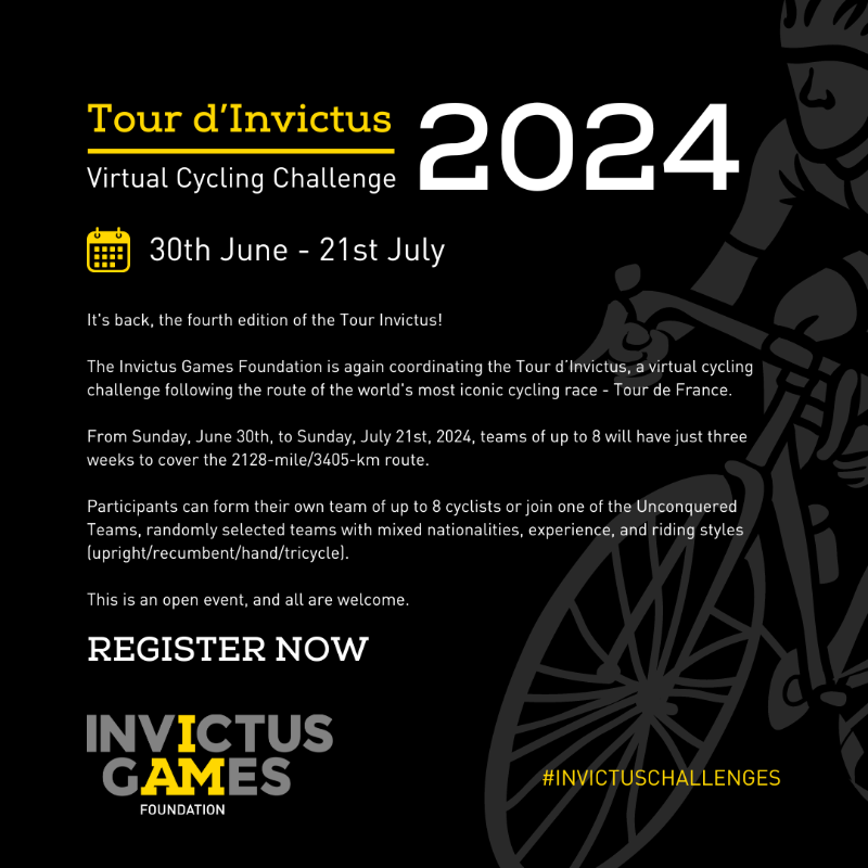 WeAreInvictus's tweet photo. The Tour d'Invictus virtual cycling challenge is back!
The Invictus Games Foundation is coordinating a virtual cycling challenge following the route of the world's most iconic cycle race.
This #InvictusChallenges is open to EVERYONE! #IAMHere 💛🖤