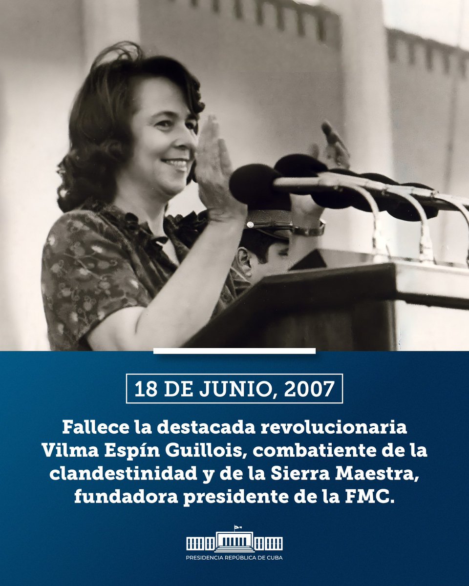 Un emocionado recuerdo hoy para la heroína de la clandestinidad y la Sierra,  la fundadora revolucionaria, líder de la emancipación femenina, de la educación en valores, de la innovación para el desarrollo. 

En cada obra con aliento de mujer en #Cuba, #VilmaVive.