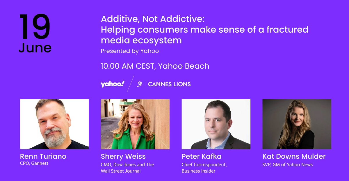 Join us Wednesday at Yahoo Beach to discuss "Helping consumers navigate today's media landscape" with Sherry Weiss (<a href="/DowJones/">Dow Jones</a>), Peter Kafka (<a href="/BusinessInsider/">Business Insider</a>), Renn Turiano (@Gannett ) and <a href="/katdowns/">Kat Downs Mulder</a>  Kat Downs Mulder (<a href="/YahooNews/">Yahoo News</a> ).  

Register here. yhoo.ly/3KTnKCF