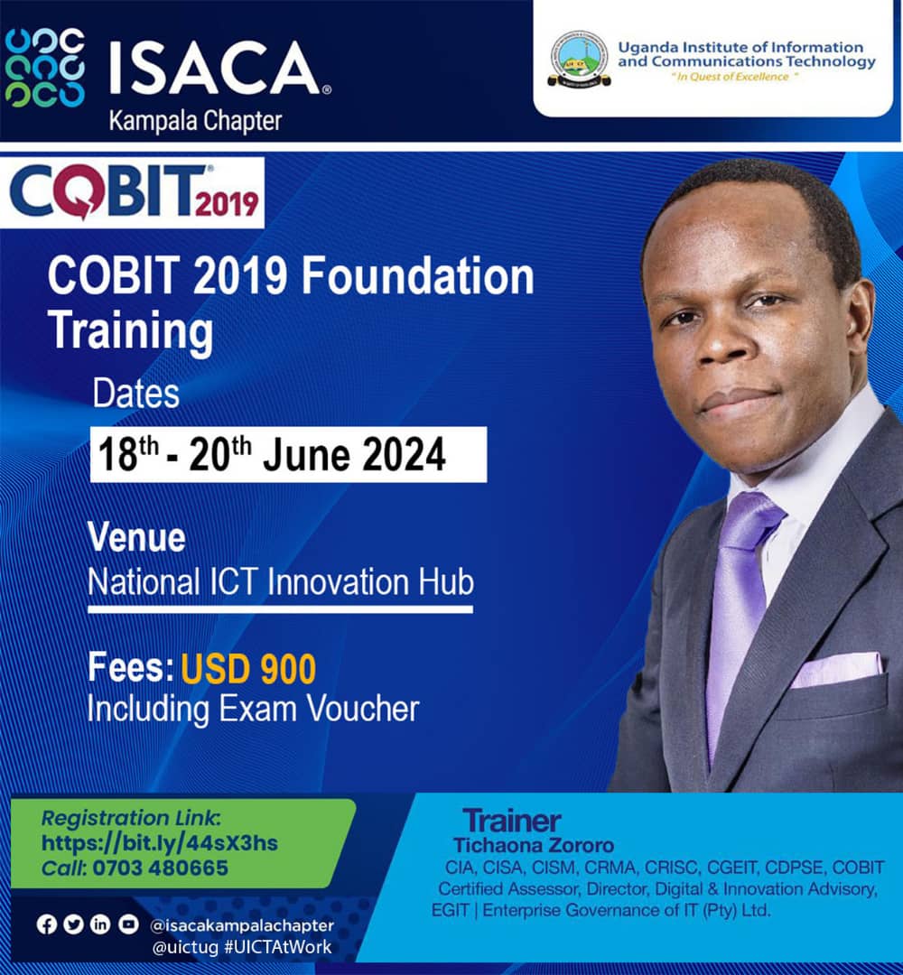 <a href="/ISACAKampala/">ISACA Kampala Chapter</a> <a href="/DMU_Uganda/">𝐃𝐢𝐠𝐢𝐭𝐚𝐥 𝐌𝐞𝐝𝐢𝐚 𝐔𝐧𝐢𝐭</a> @InnovationHubUg <a href="/MoICT_Ug/">Ministry of ICT&NG</a> <a href="/Wodngoo1/">Kinyera Wodngoo1</a> <a href="/dickson_namisi/">Dickson Namisi</a> Its time to Elevate organizational IT investments. This course covers best practices to align IT operations with your business strategy. The participants will Gain the latest IT governance knowledge and practical implementation insights. <a href="/MoICT_Ug/">Ministry of ICT&NG</a> <a href="/UCC_Official/">UCC</a> <a href="/CHRISBARYOMUNS1/">DR. CHRIS BARYOMUNSI</a>