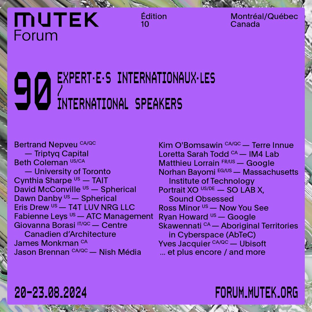Discover the full program for the 10th MUTEK Forum!

From 20 to 23 August, out international gathering and marketplace of ideas on digital culture, art, technology and society is presenting over 60 conferences, workshops and laboratories this year.
