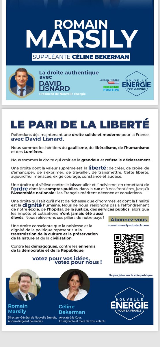 BekerWoman (@celinebekerman) on Twitter photo Quelle fierté de porter les couleurs de la France aux côtés de <a href="/Nouv_Energie/">Nouvelle Énergie</a> <a href="/RomainMarsily/">Romain Marsily</a> et <a href="/davidlisnard/">David Lisnard</a> .
Le seul parti crédible qui tienne compte des revendications des français : liberté , ordre et dignité. L’histoire s’écrit maintenant !#ElectionsLégislatives2024 Quelle fierté de porter les couleurs de la France aux côtés de <a href="/Nouv_Energie/">Nouvelle Énergie</a> <a href="/RomainMarsily/">Romain Marsily</a> et <a href="/davidlisnard/">David Lisnard</a> .
Le seul parti crédible qui tienne compte des revendications des français : liberté , ordre et dignité. L’histoire s’écrit maintenant !#ElectionsLégislatives2024