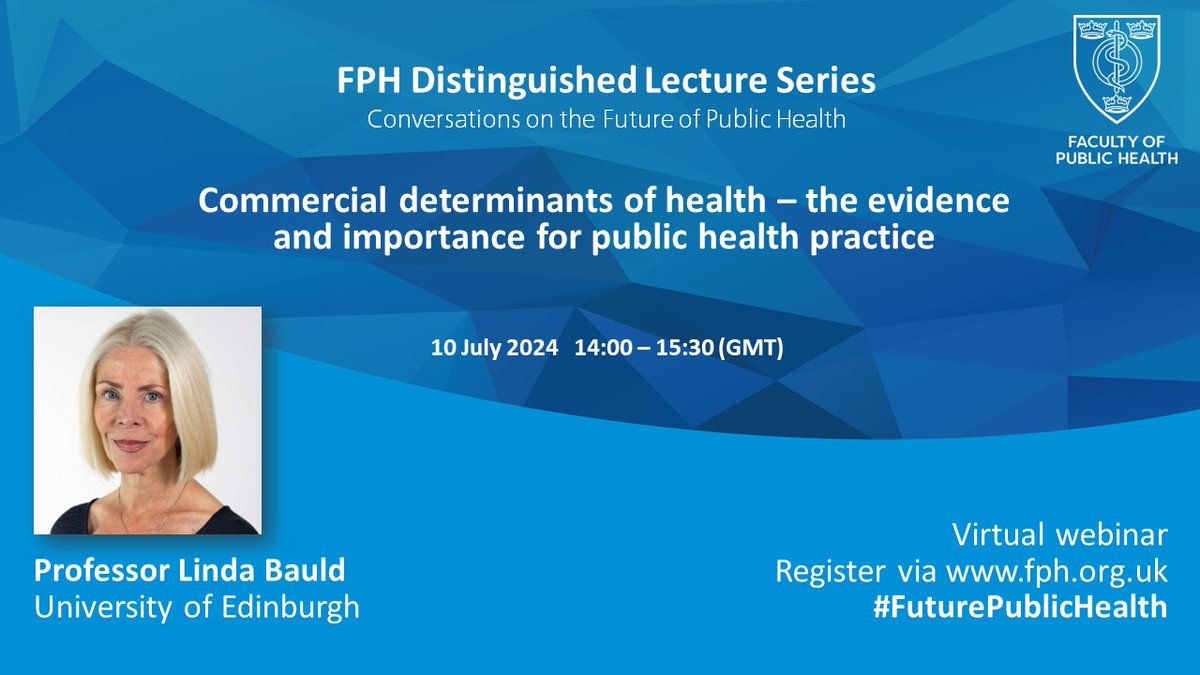 Faculty of Public Health (@fph) on Twitter photo Join us at our fourth Distinguished Lecture on #FuturePublicHealth with <a href="/LindaBauld/">Linda Bauld</a> and contributions from <a href="/ProfKevinFenton/">Kevin Fenton</a>, <a href="/TracyD_PH/">Prof. Tracy Daszkiewicz</a> and <a href="/AliceKadri/">Alice Kadri</a>.
Book your place ➡️ fph.org.uk/events-courses… Join us at our fourth Distinguished Lecture on #FuturePublicHealth with <a href="/LindaBauld/">Linda Bauld</a> and contributions from <a href="/ProfKevinFenton/">Kevin Fenton</a>, <a href="/TracyD_PH/">Prof. Tracy Daszkiewicz</a> and <a href="/AliceKadri/">Alice Kadri</a>.
Book your place ➡️ fph.org.uk/events-courses…