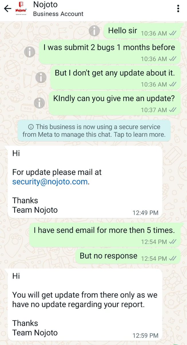 b0mk35h's tweet photo. I submitted 2 bugs on 08/05/2024 and sent several emails but didn't get any reply. when I try to contact them through WhatsApp then they ask me to contact them again by email. But not responding.  @Nojoto https://t.co/xBEZ6pR8Rm
