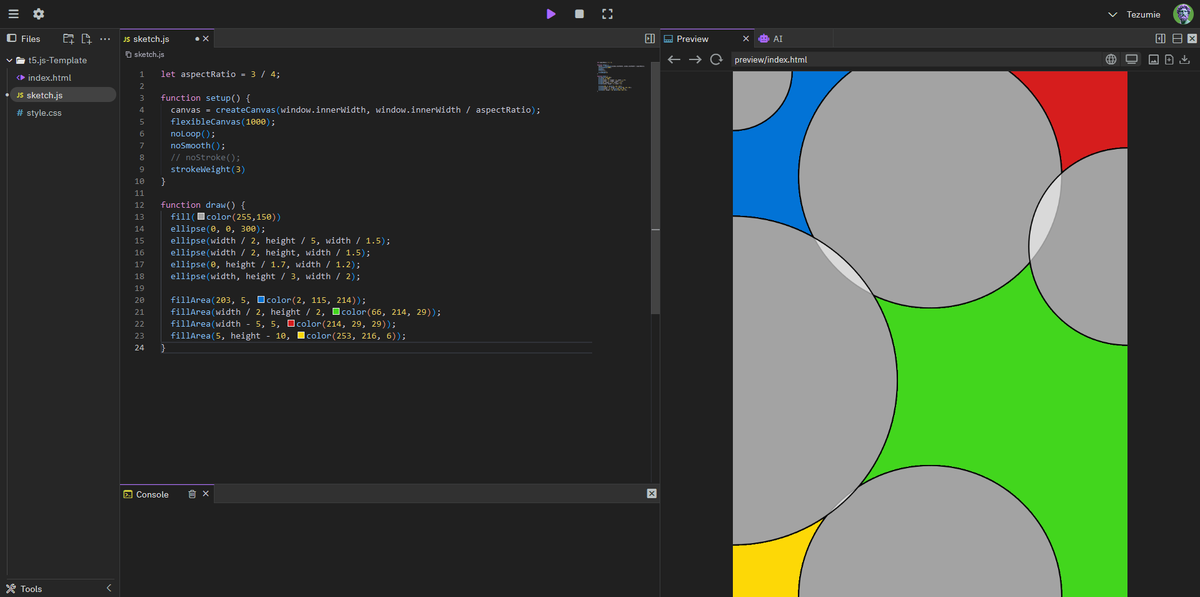 Tezumies's tweet image. Added this cool function to t5.js, fillArea(x,y,color)
It works like a fill tool for art programs where it will fill an area of a specific color with a new color. pretty fun to play with!
->github.com/Tezumie/T5.js
#creativecoding #generative #t5js