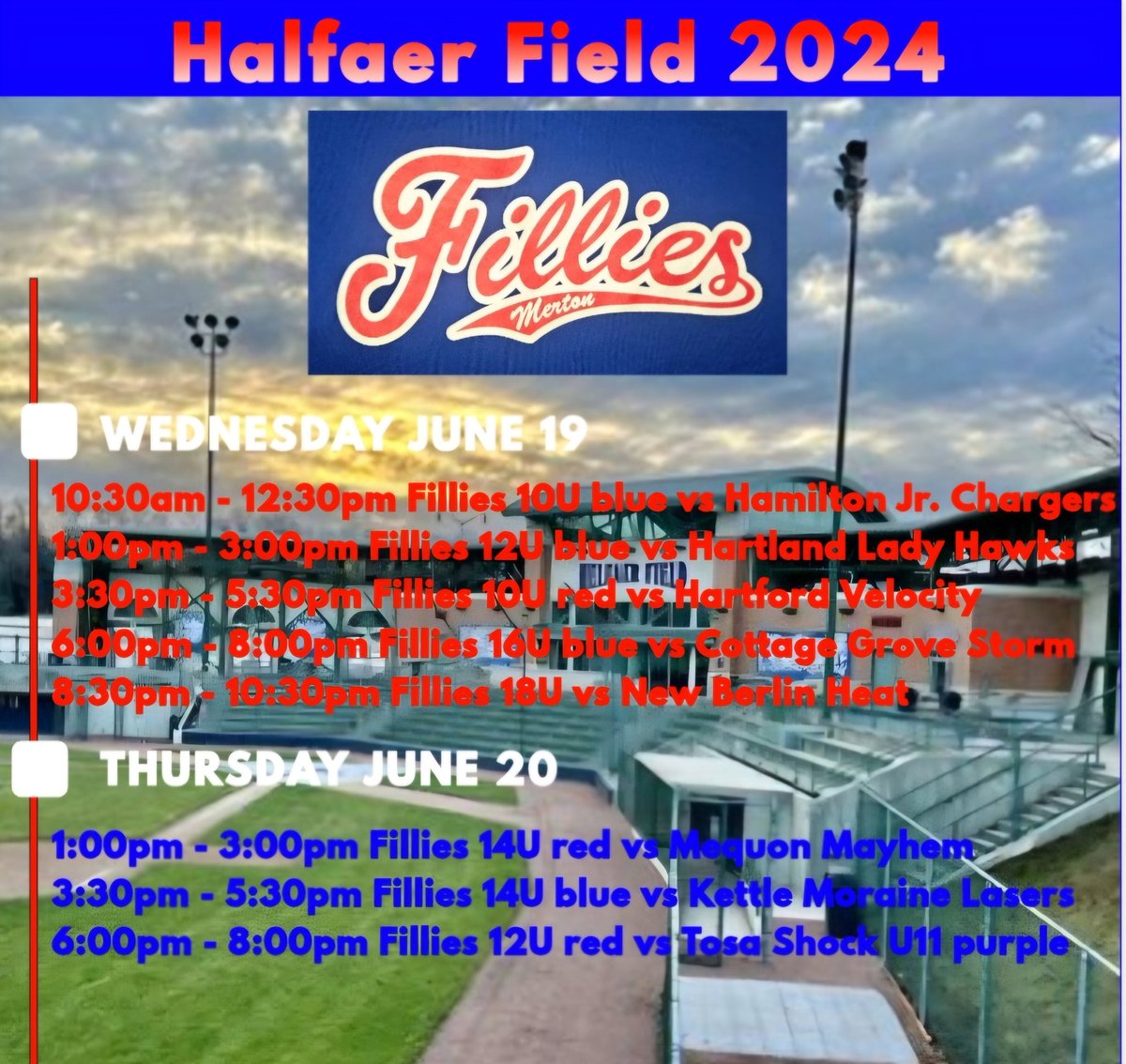 actdirMAA's tweet image. The Milwaukee Brewers may be on the west coast but Wednesday and Thursday of this week and the following two Tuesdays Merton takes over Halfaer Field outside of American Family Field! Good luck to the 8 Fillies and 6 Mavericks teams hosting games.